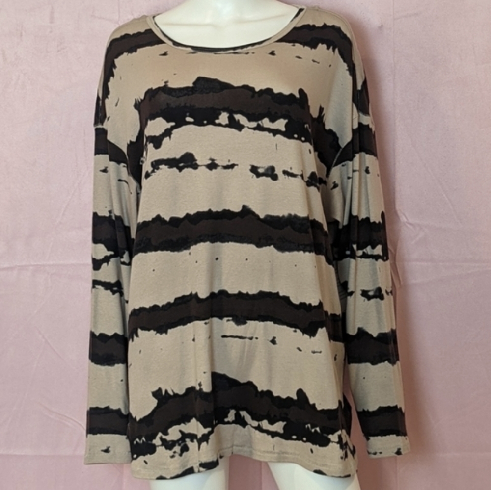 Westbound Striped Tie Dye Scoop Neck Long Sleeve Neutral Tan Tee size 2X